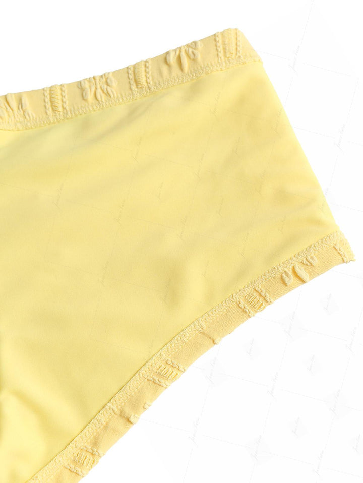 Janex Yellow Floral Jacquard Textured Lace Bowknot Triangle Bikini Set