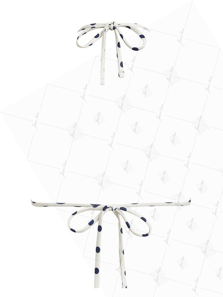 Janexswim Crystal Cream Vintage Polka Dot Print Reversible Halter Triangle Bikini Top