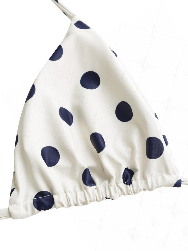 Crystal Cream Vintage Polka Dot Reversible Halter Triangle Bikini Set