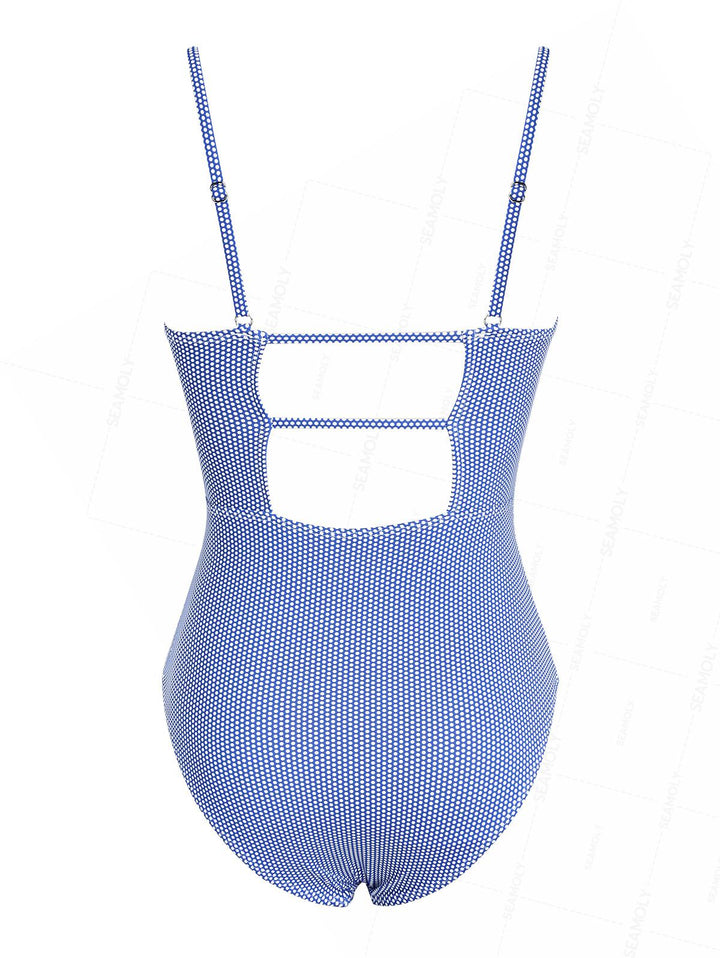 Seamolly Pin Dot Print Ruched Cut Out Plunging Neck One-piece Swimsuit
