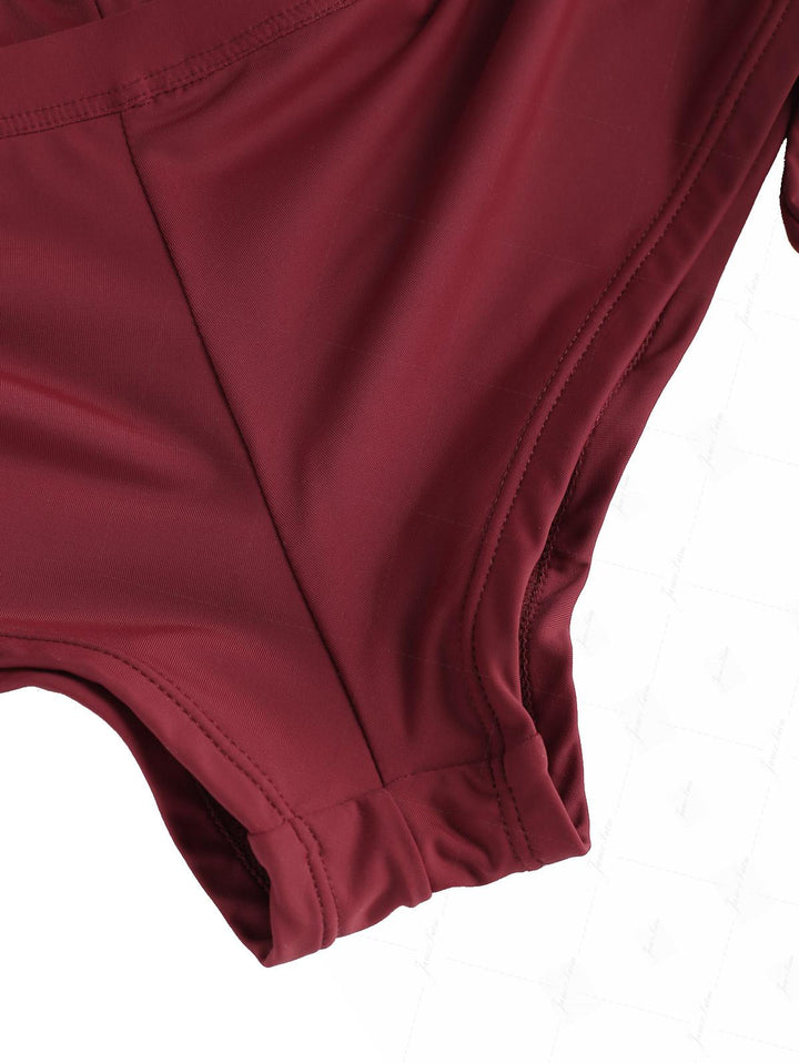 Red Wine Solid Color Ruched Plunging Neck Cinched Cheeky Boyshorts Tankini Set