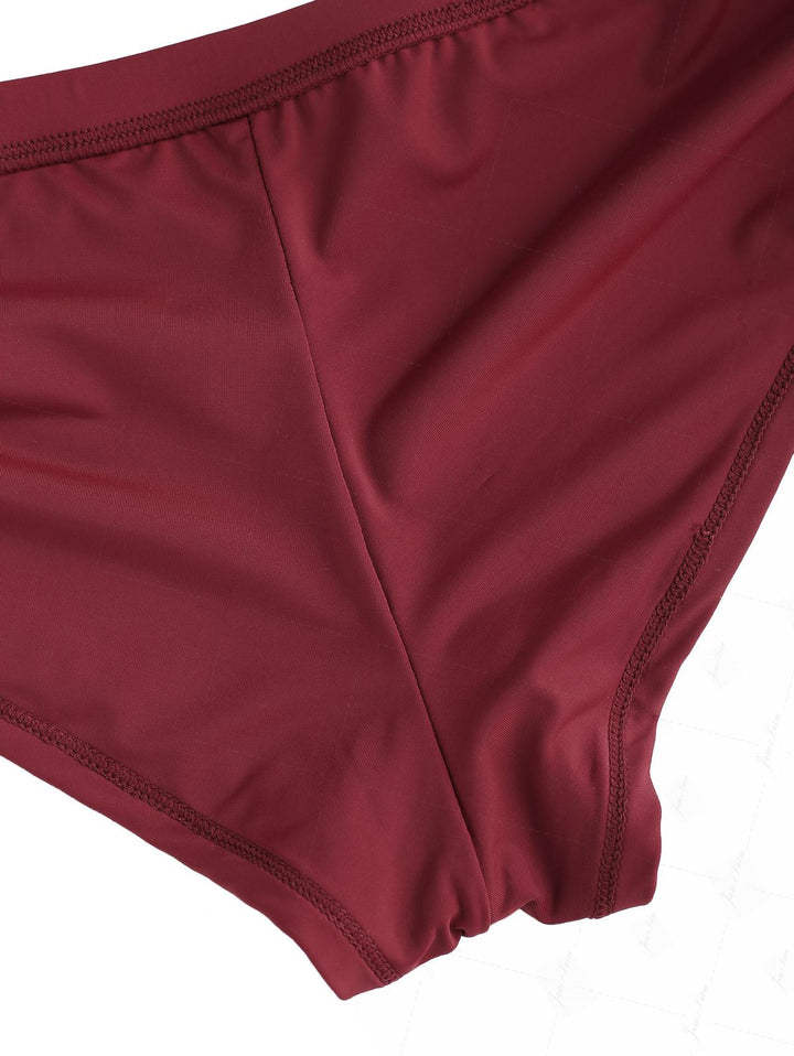 Red Wine Solid Color Cinched Side Bikini Bottom Cheeky Swim Boyshorts