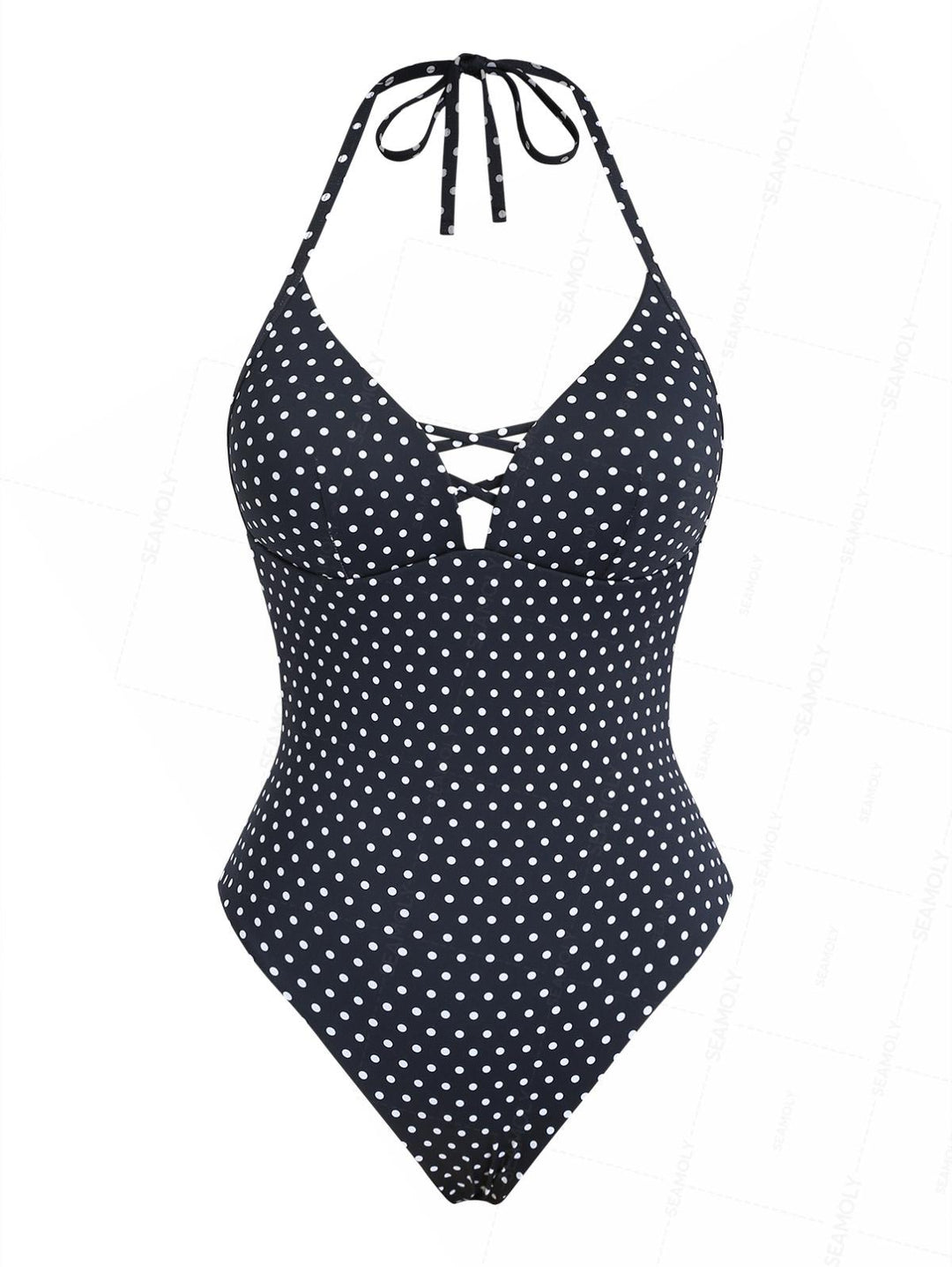 Seamolly 1950s Pin-Up Inspired Vintage Polka Dot Open Back Halter One-piece Swimsuit