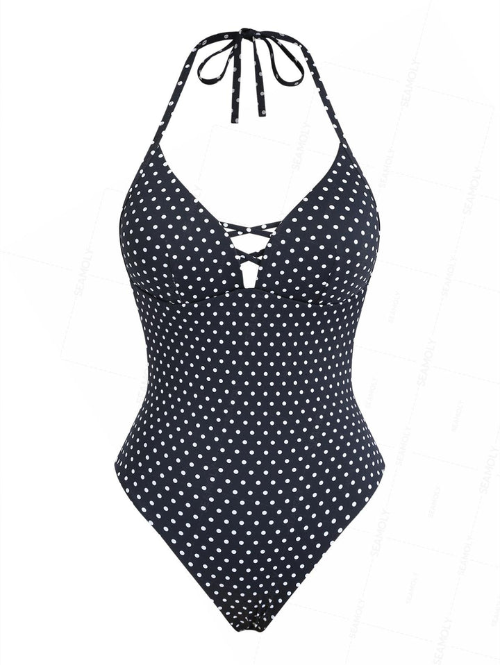 Seamolly 1950s Pin-Up Inspired Vintage Polka Dot Open Back Halter One-piece Swimsuit
