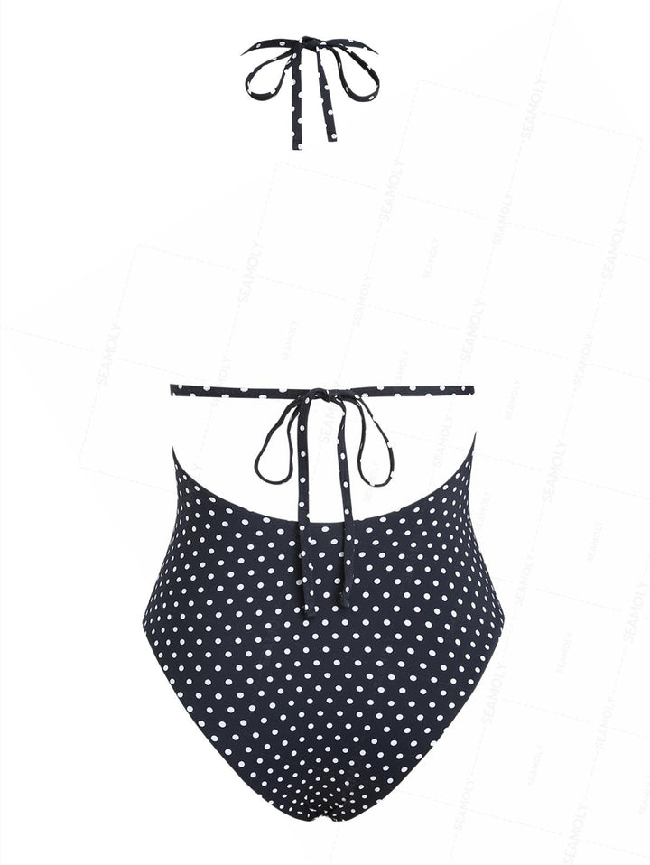 Seamolly 1950s Pin-Up Inspired Vintage Polka Dot Open Back Halter One-piece Swimsuit