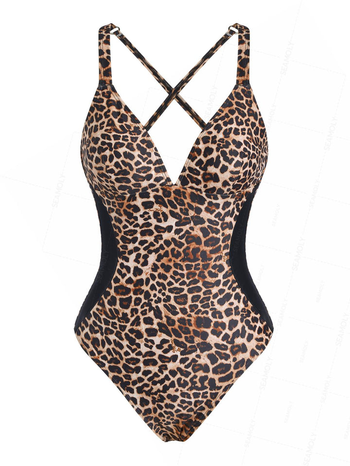 Seamolly Leopard Print Spliced Mesh V Neck One-piece Swimsuit