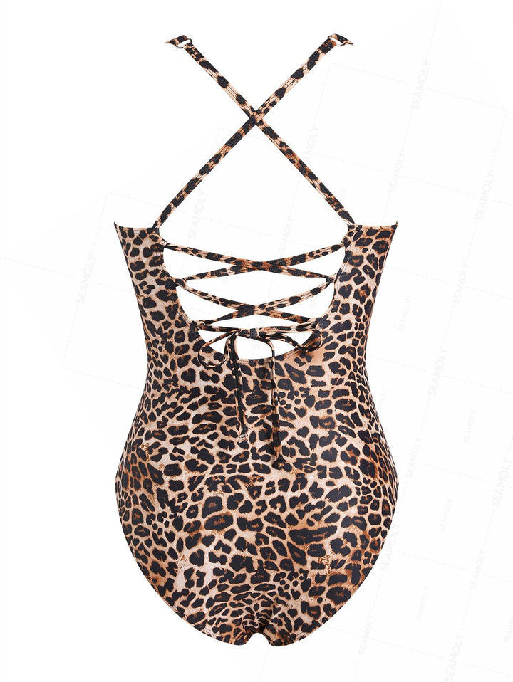 Seamolly Leopard Print Spliced Mesh V Neck One-piece Swimsuit