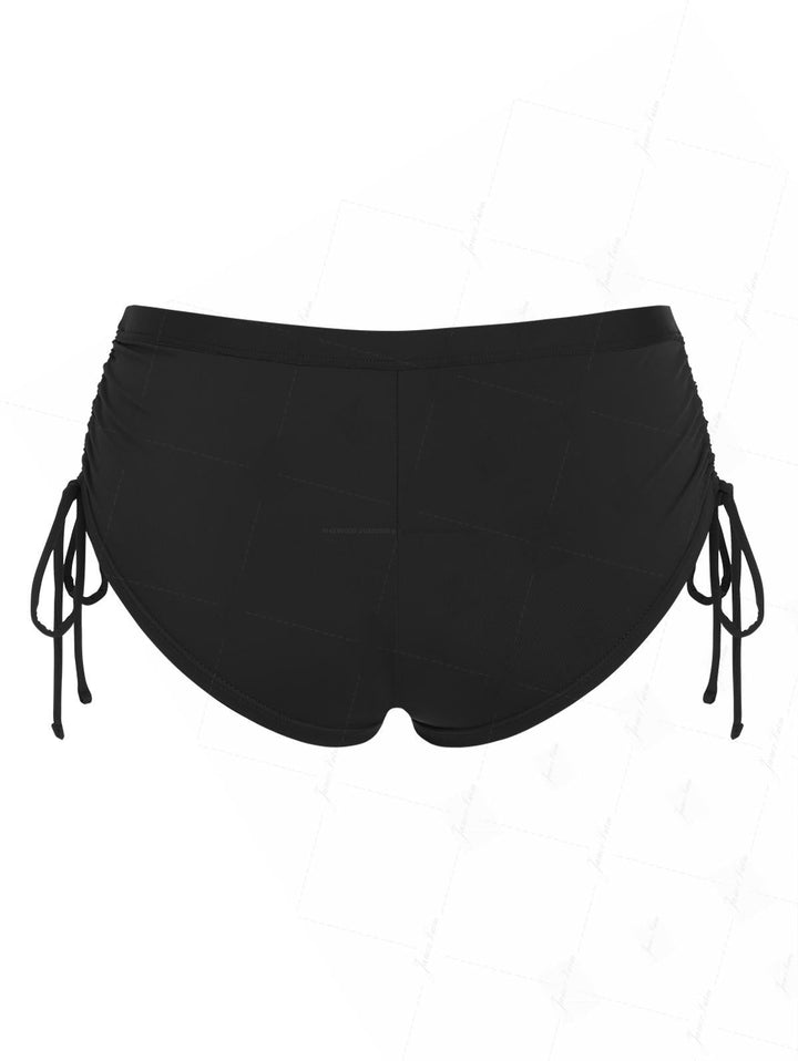Black Solid Color Cinched Side Bikini Bottom Cheeky Swim Boyshorts