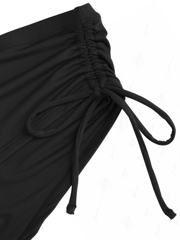 Black Solid Color Ruched Plunging Neck Cinched Cheeky Boyshorts Tankini Set