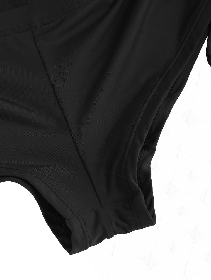 Black Solid Color Ruched Plunging Neck Cinched Cheeky Boyshorts Tankini Set