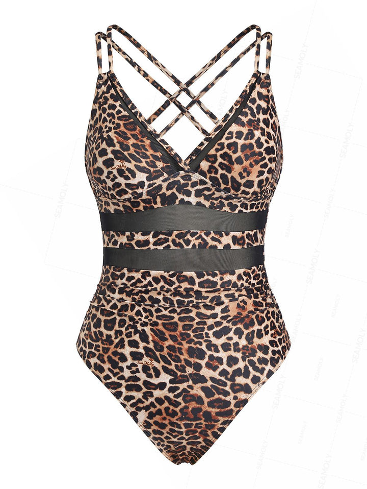 Seamolly Leopard Print Spliced Mesh Plunging Neck One-piece Swimsuit