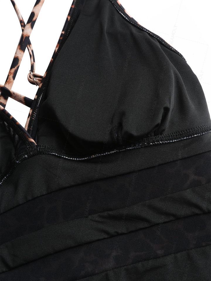 Seamolly Leopard Print Spliced Mesh Plunging Neck One-piece Swimsuit