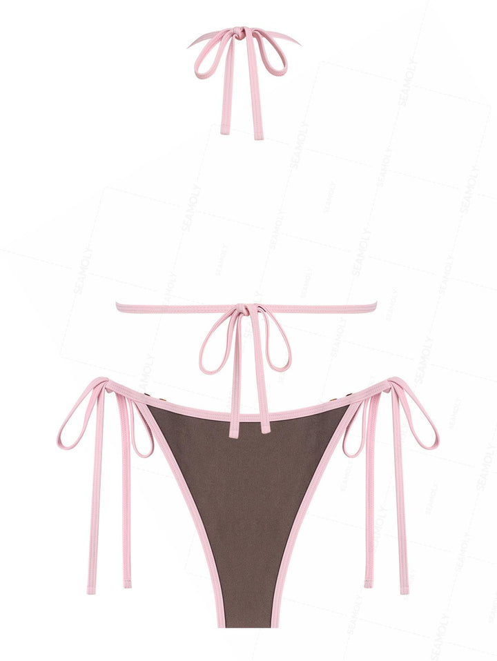 Seamolly Contrast Binding Rhinestones Tie Side Bikini Set