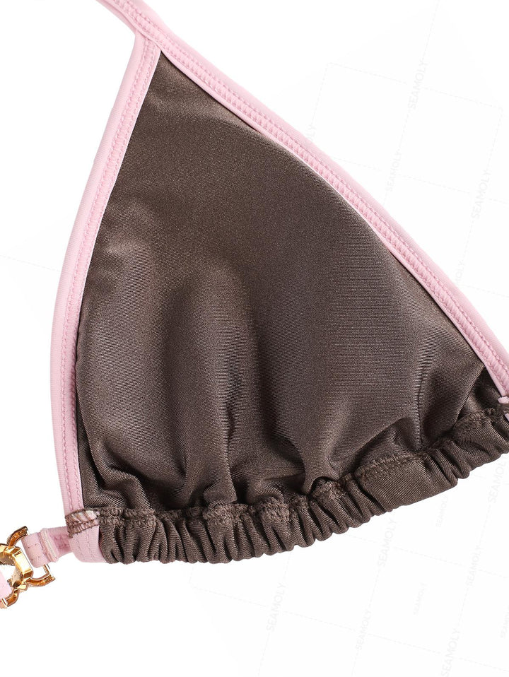 Seamolly Contrast Binding Rhinestones Tie Side Bikini Set