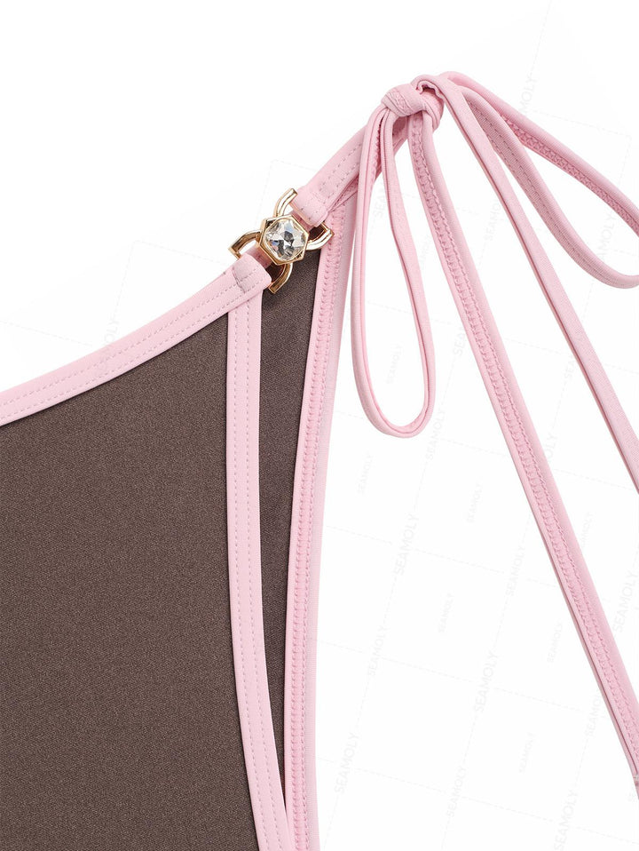 Seamolly Contrast Binding Rhinestones Tie Side Bikini Set