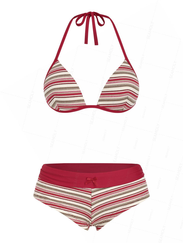 Seamolly Y2K Striped Ribbed Bowknot Hard Cups Support Boyshorts Bikini Set