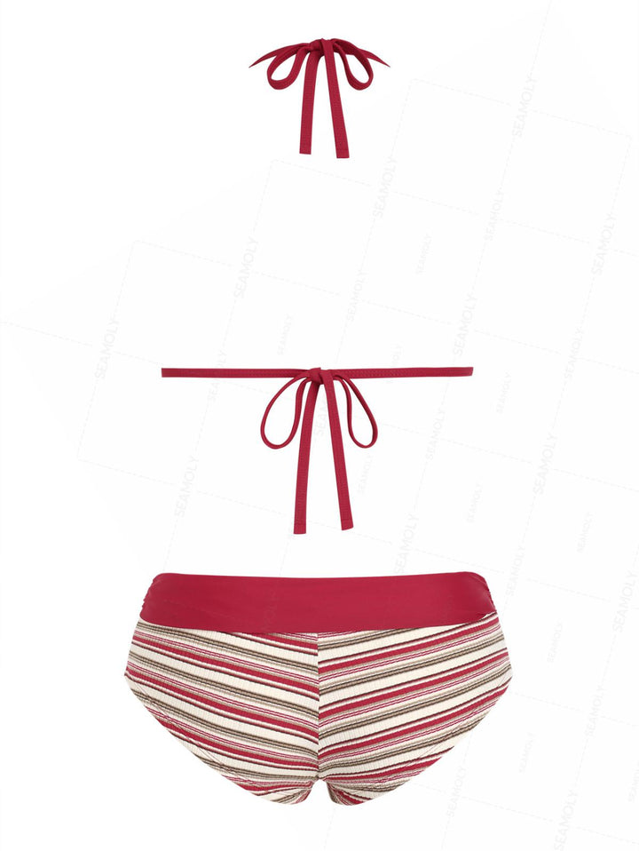 Seamolly Y2K Striped Ribbed Bowknot Hard Cups Support Boyshorts Bikini Set