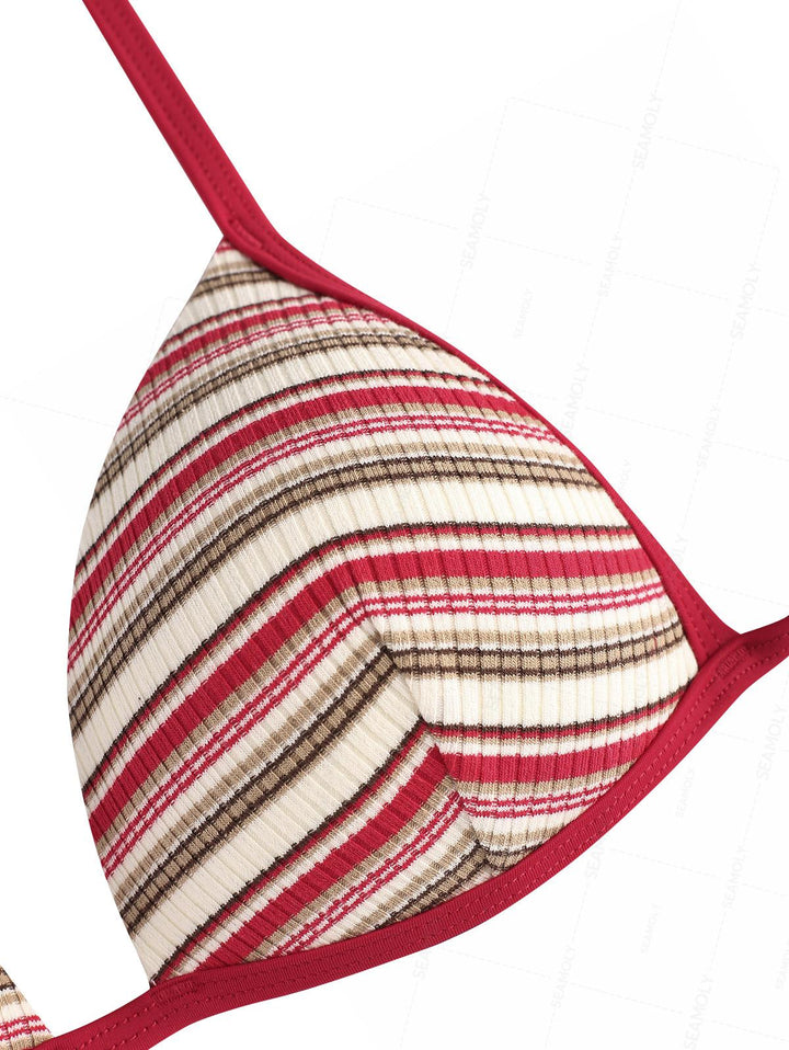 Seamolly Y2K Striped Ribbed Bowknot Hard Cups Support Boyshorts Bikini Set