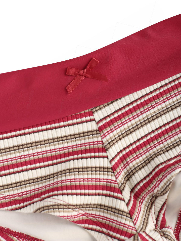 Seamolly Y2K Striped Ribbed Bowknot Hard Cups Support Boyshorts Bikini Set