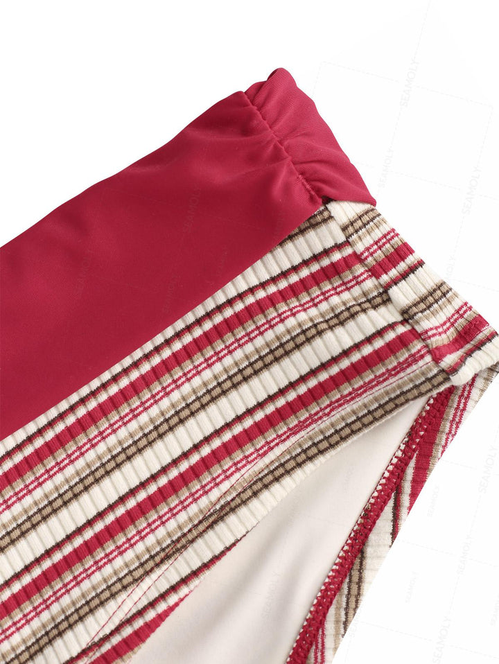 Seamolly Y2K Striped Ribbed Bowknot Hard Cups Support Boyshorts Bikini Set