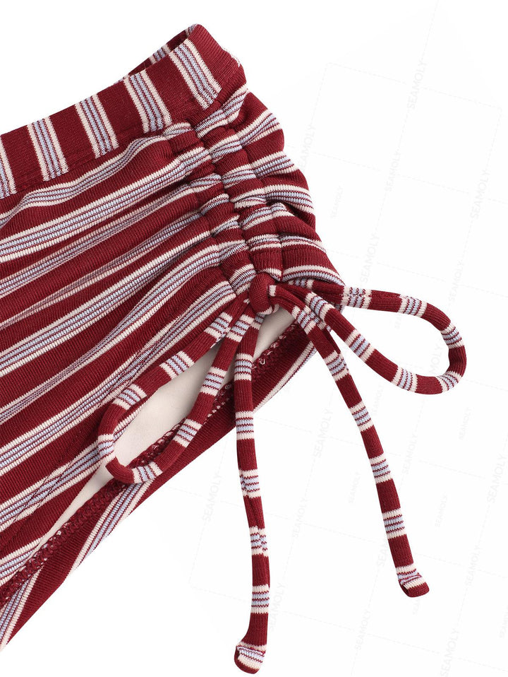 Seamolly Y2K Striped Ribbed Hard Cups Support Cinched Boyshorts Bikini Set