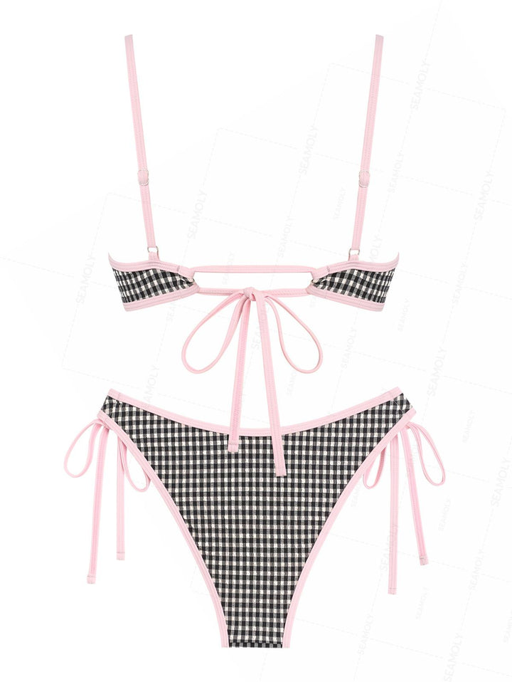 Seamolly Gingham Textured Contrast Binding Bowknot  Underwire Bikini Set
