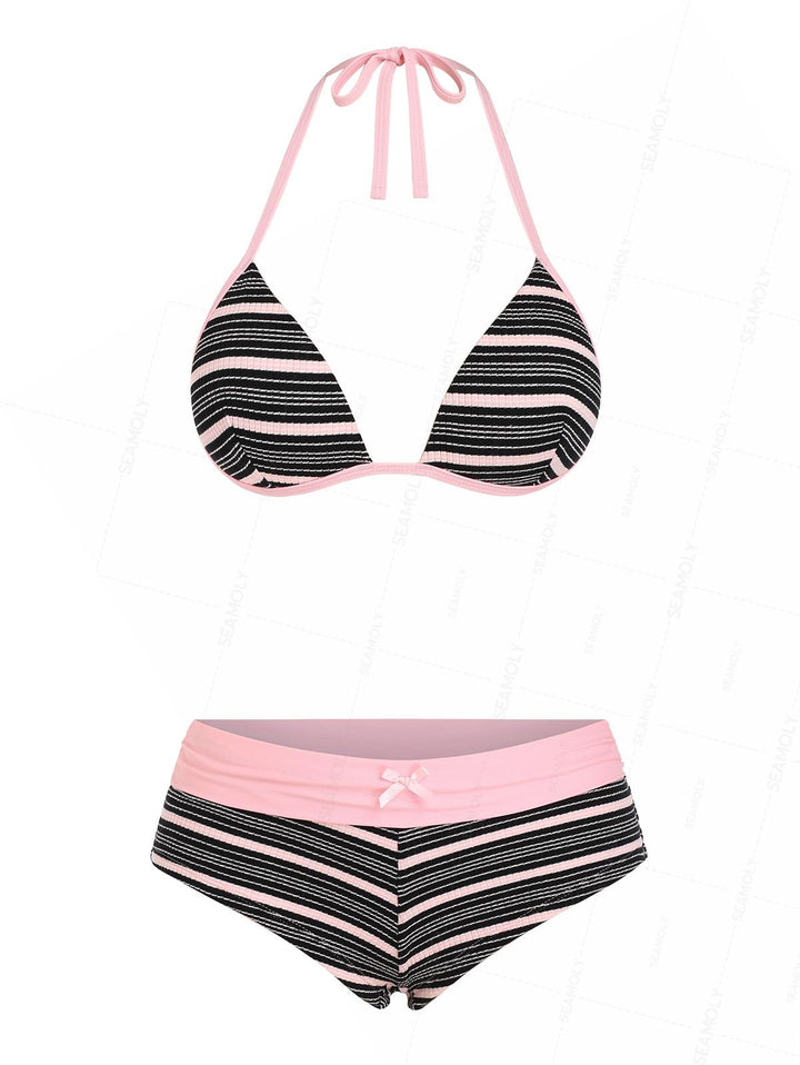 Seamolly Y2K Striped Ribbed Bowknot Hard Cups Support Boyshorts Bikini Set