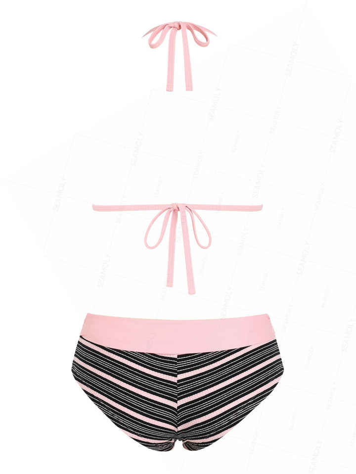 Seamolly Y2K Striped Ribbed Bowknot Hard Cups Support Boyshorts Bikini Set