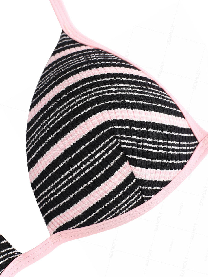 Seamolly Y2K Striped Ribbed Bowknot Hard Cups Support Boyshorts Bikini Set