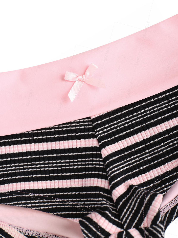 Seamolly Y2K Striped Ribbed Bowknot Hard Cups Support Boyshorts Bikini Set