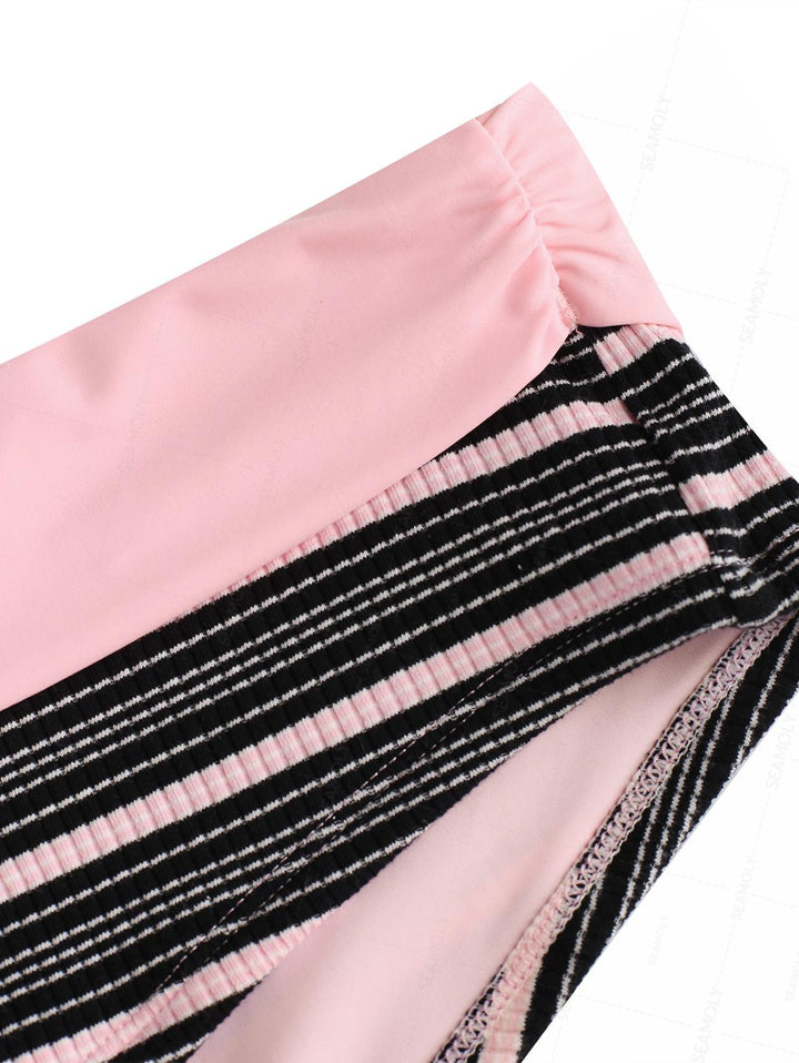 Seamolly Y2K Striped Ribbed Bowknot Hard Cups Support Boyshorts Bikini Set