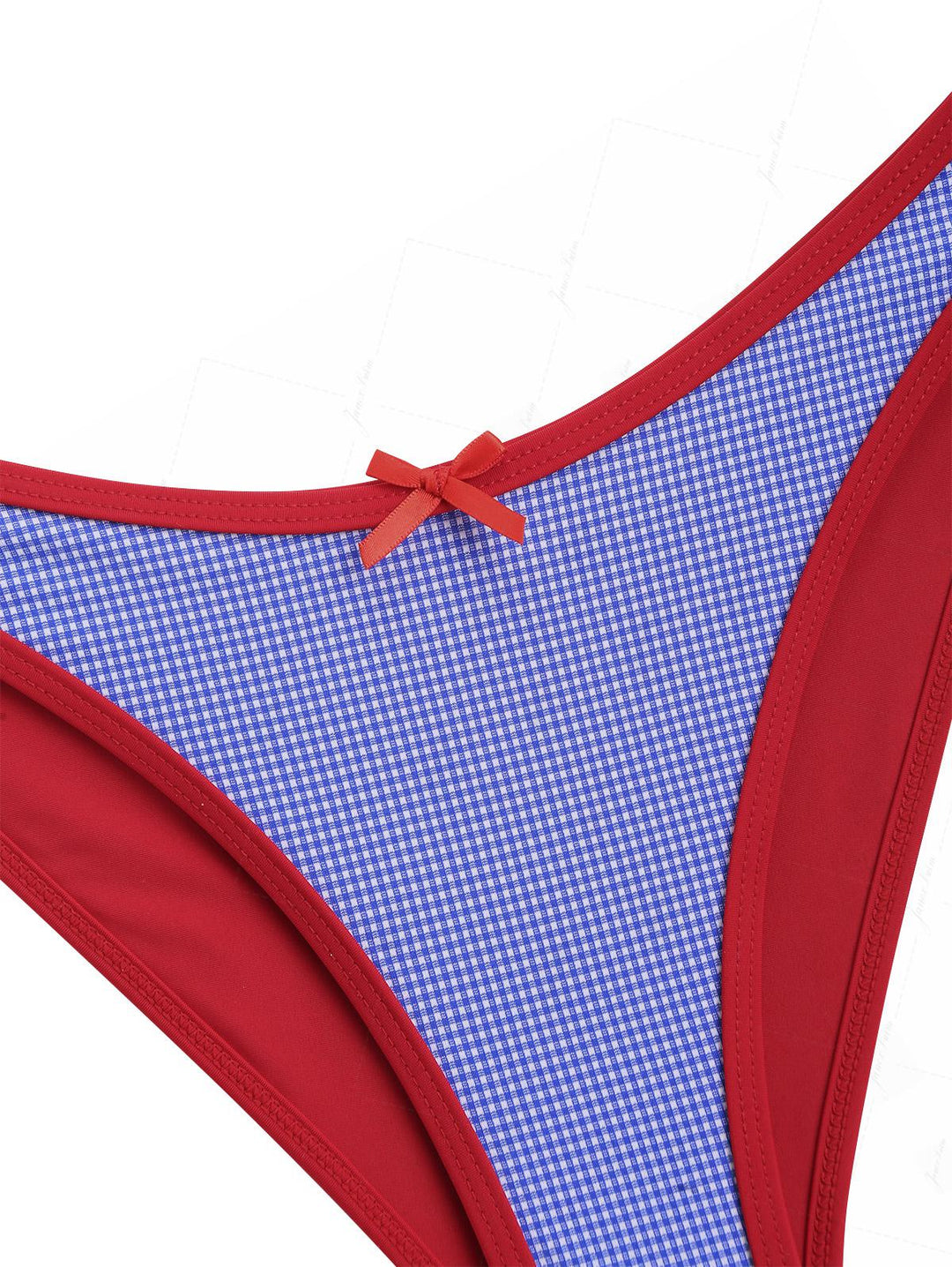 Navy Blue Knitted Plaid Contrast Binding Halter Triangle Bikini Set for 4th of July