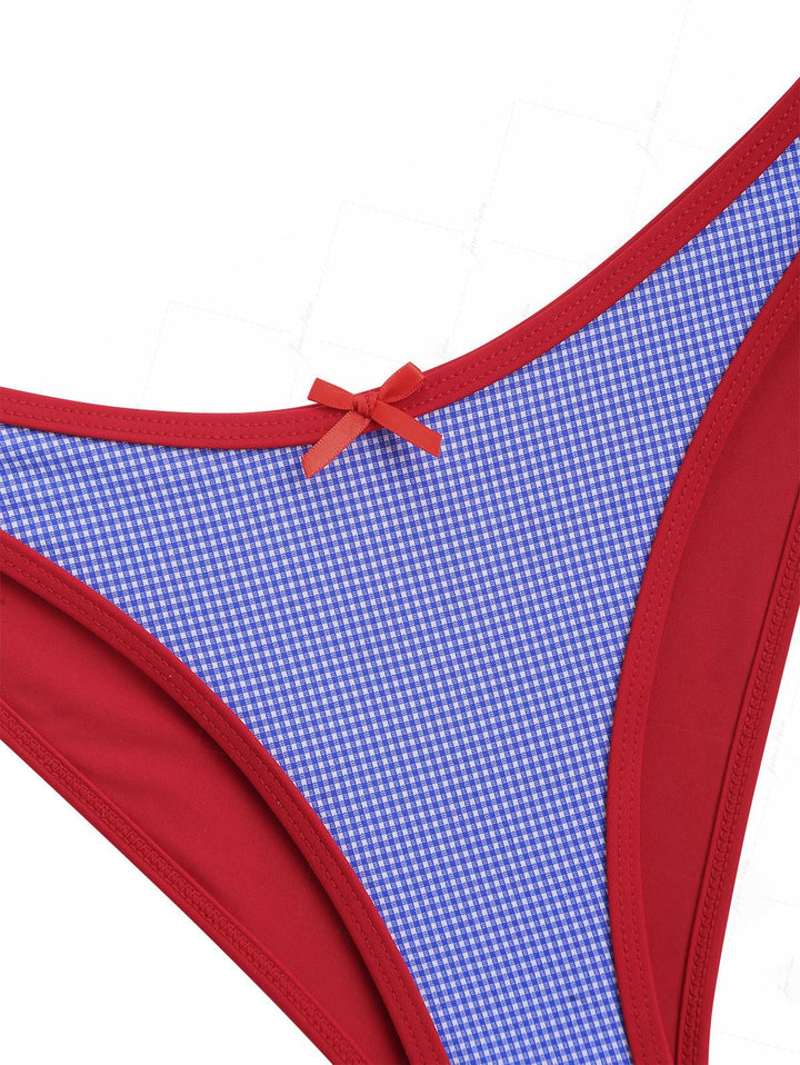 Navy Blue Knitted Plaid Contrast Binding Halter Triangle Bikini Set for 4th of July