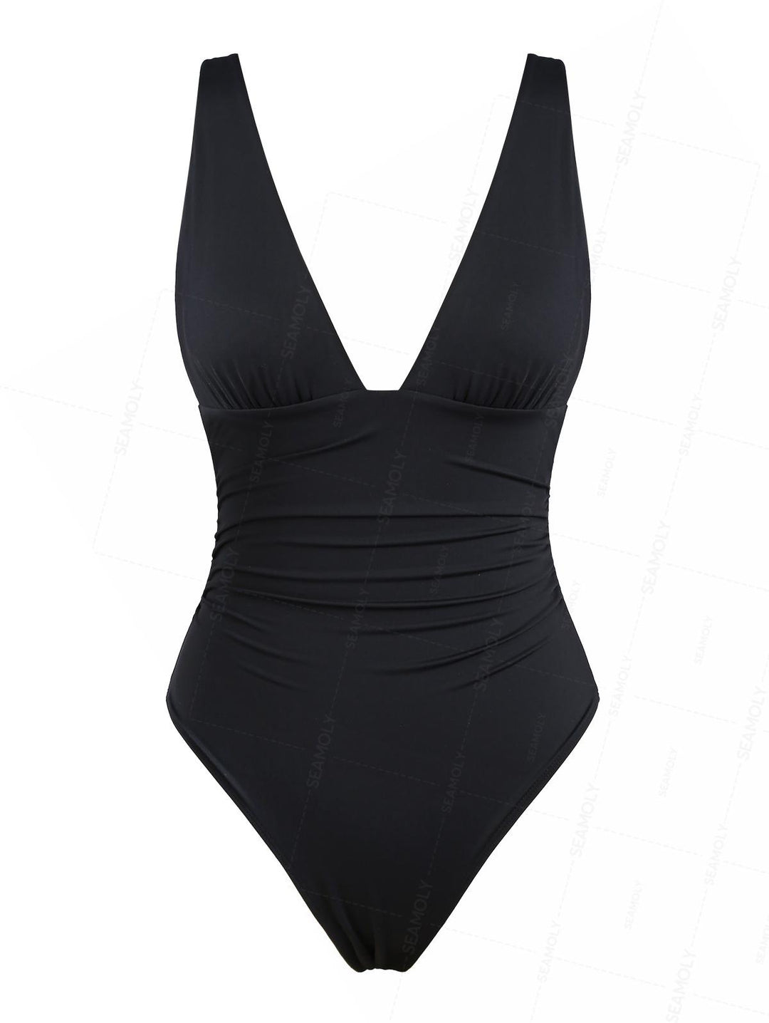 Seamolly Solid Color Ruched Plunging Neck One-piece Swimsuit