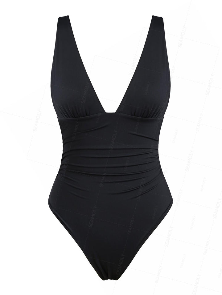 Seamolly Solid Color Ruched Plunging Neck One-piece Swimsuit