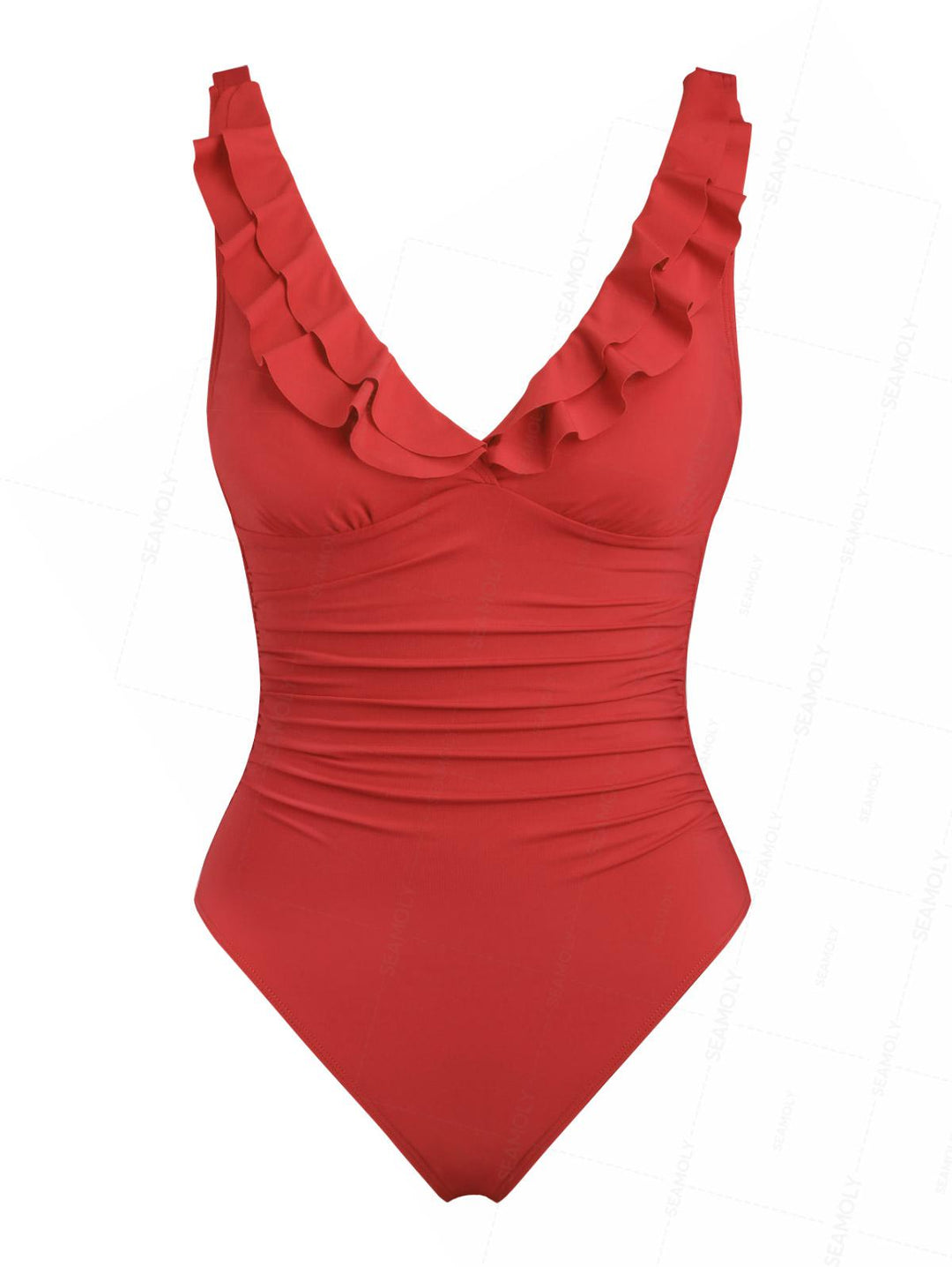 Seamolly Solid Color Ruched Ruffles Trim Plunging Neck One-piece Swimsuit