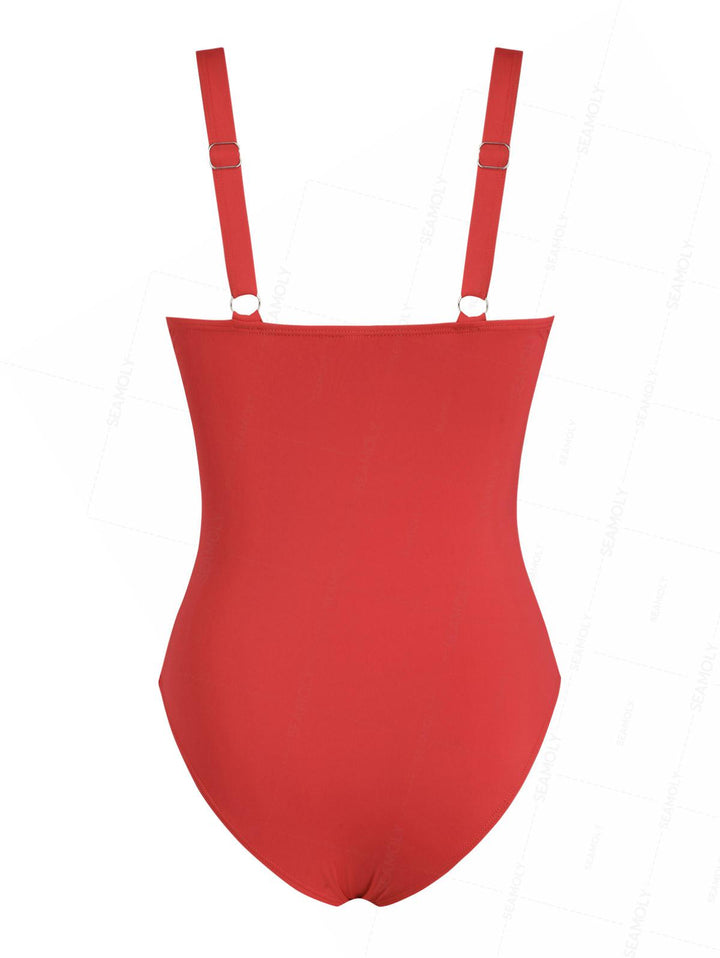 Seamolly Solid Color Ruched Ruffles Trim Plunging Neck One-piece Swimsuit