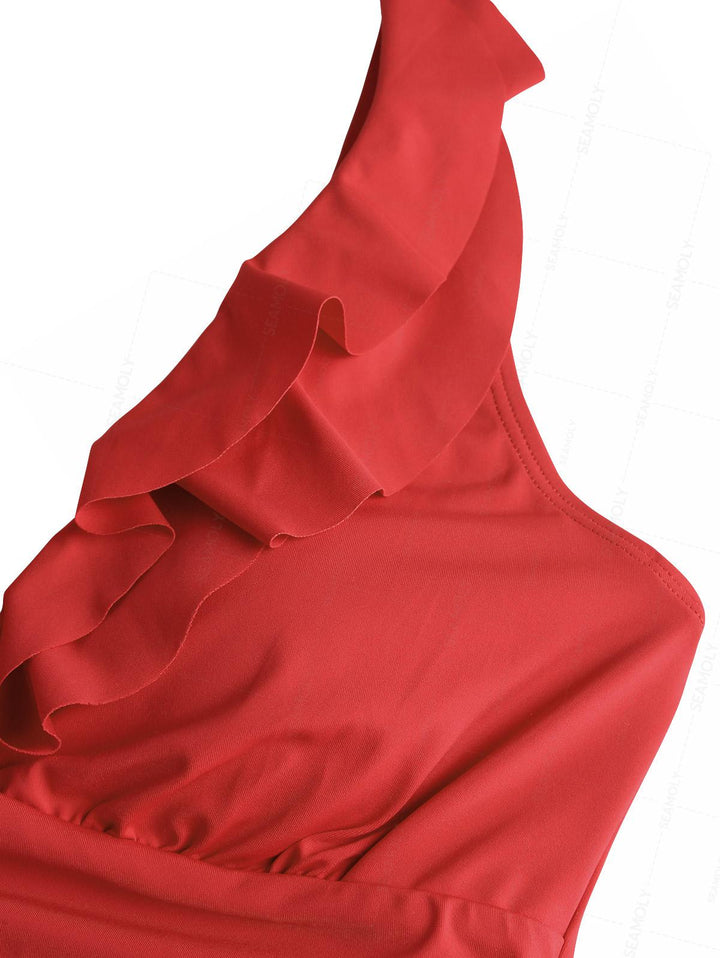 Seamolly Solid Color Ruched Ruffles Trim Plunging Neck One-piece Swimsuit