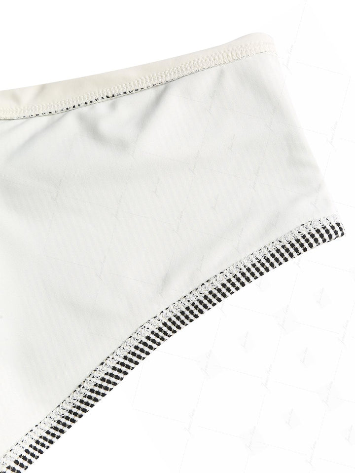 Crystal Cream Metallic Gold Yarn Knitted Fabric Ruched Ruffles Cheeky Boyshorts Bikini Set