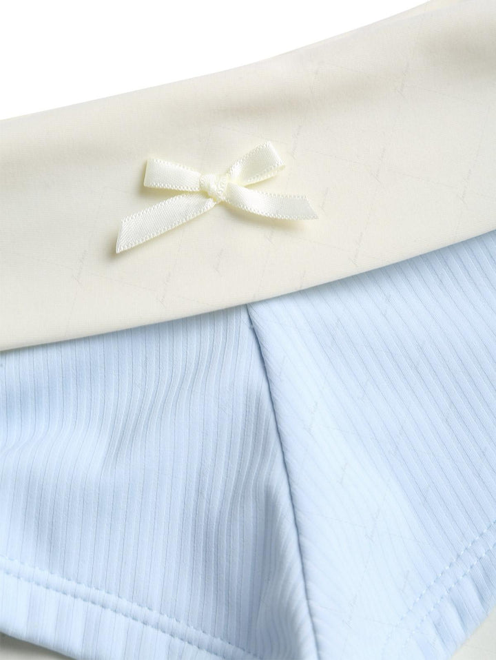Light Blue Ribbed Knit Bowknot Halter Foldover Cheeky Boyshorts Tankini Set