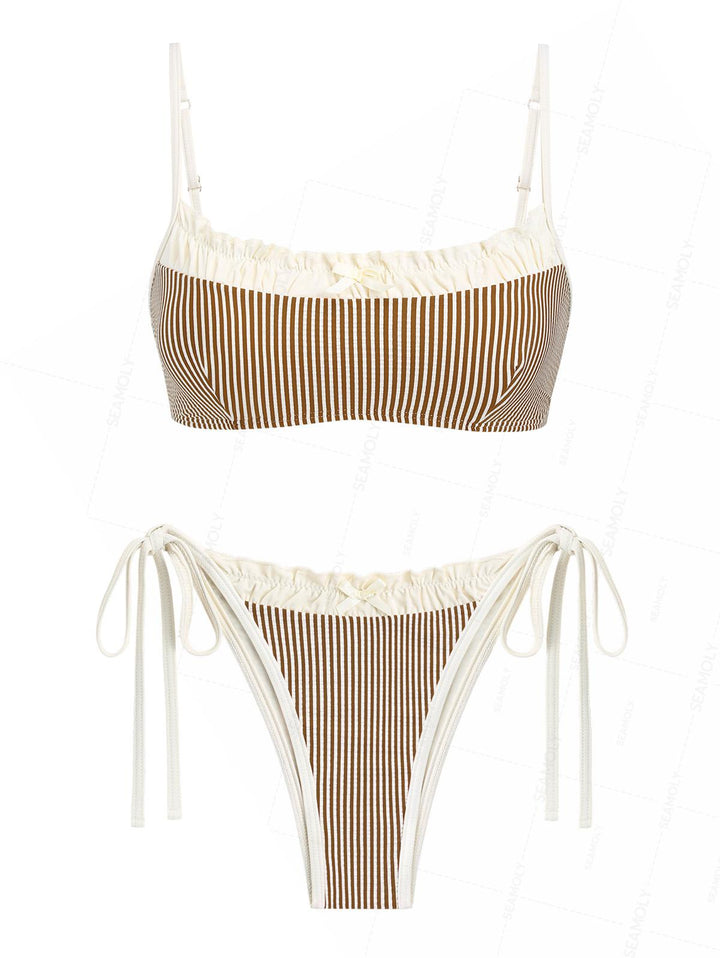 Seamolly Striped Spliced Ruched Ruffles Bowknot Tie Side Bikini Set