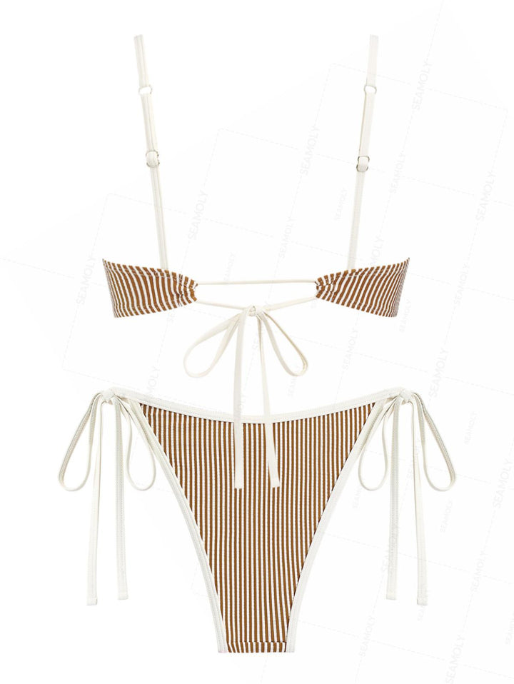 Seamolly Striped Spliced Ruched Ruffles Bowknot Tie Side Bikini Set