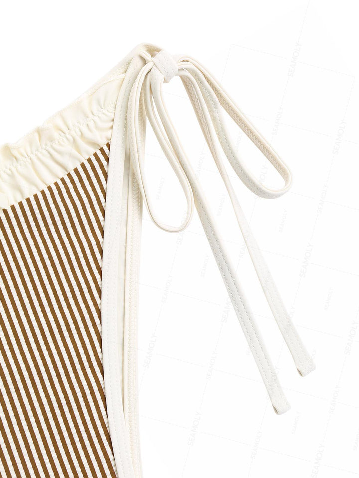 Seamolly Striped Spliced Ruched Ruffles Bowknot Tie Side Bikini Set