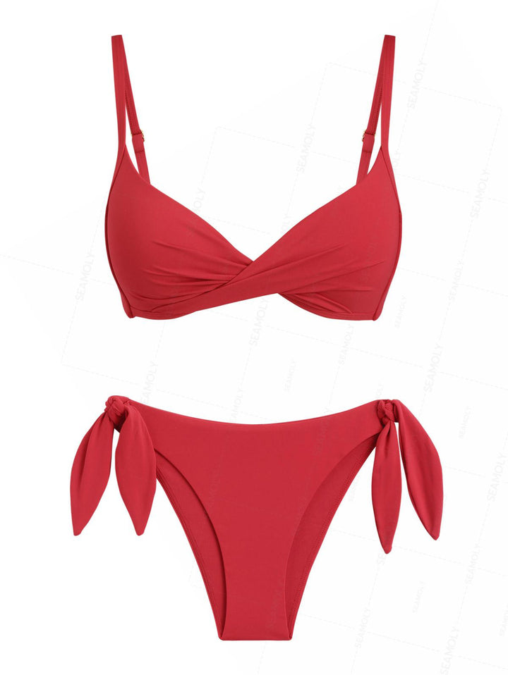 Seamolly Solid Color Crisscross Twist Gathering & Support Triangle Bikini Set