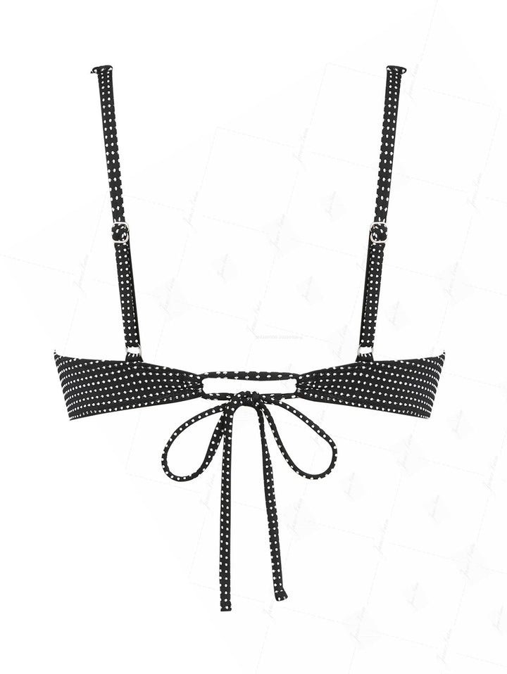 Black Pin Dot Jacquard Fabric Picot Trim Underwire Bikini Top