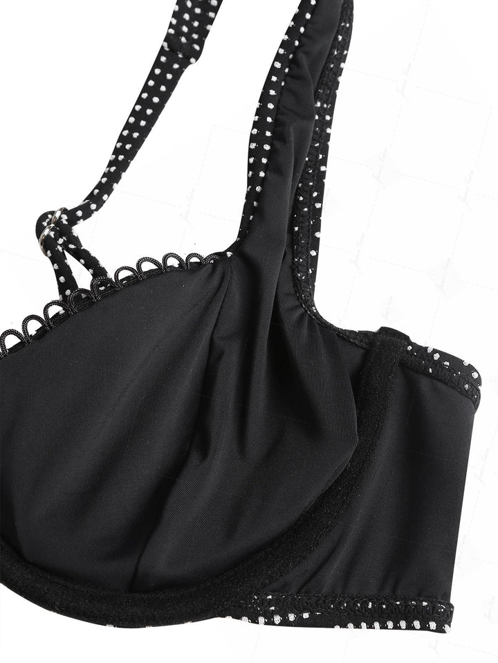Janex Black Pin Dot Jacquard Fabric Picot Trim Underwire Bikini Set