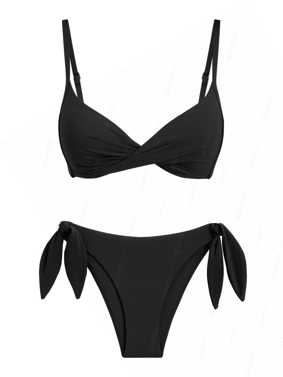Seamolly Black Color Crisscross Twisted Ruched Gathering & Support Tri