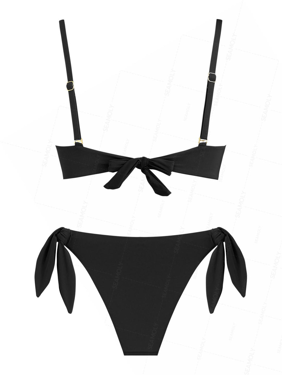 Seamolly Black Color Crisscross Twisted Ruched Gathering & Support Triangle Bikini Set