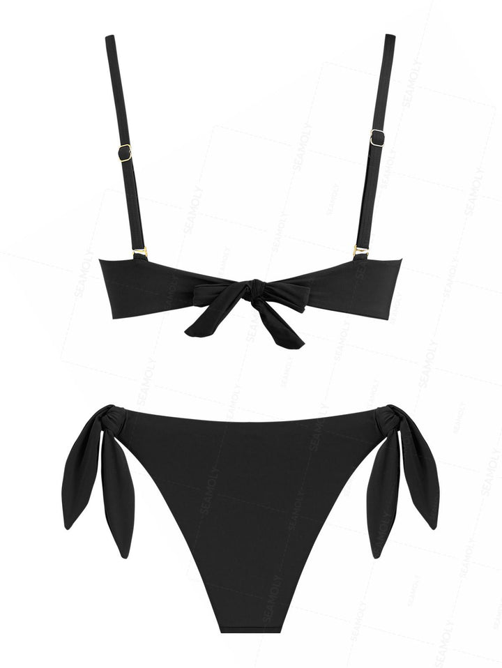Seamolly Black Color Crisscross Twisted Ruched Gathering & Support Triangle Bikini Set