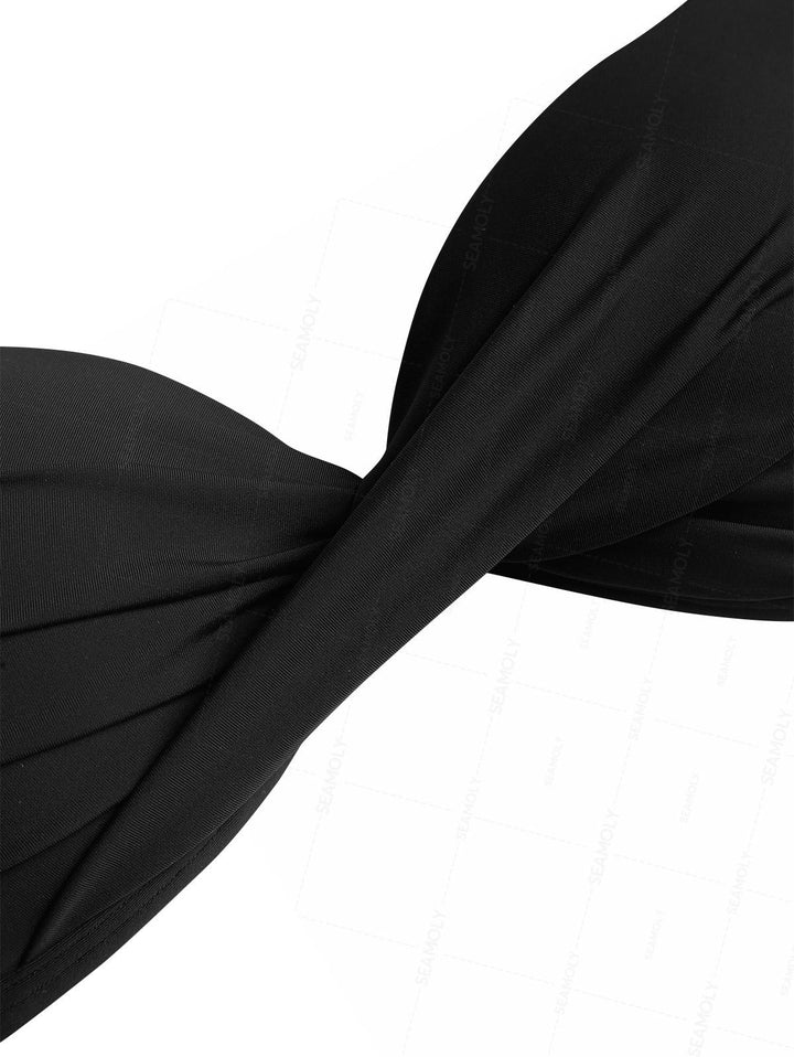 Seamolly Black Color Crisscross Twisted Ruched Gathering & Support Triangle Bikini Set